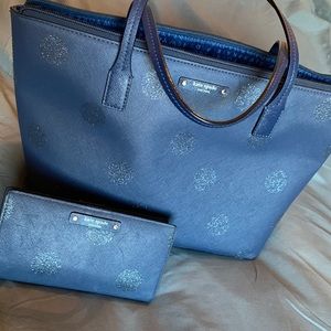 Navy Blue Sparkle dots authentic Kate Spade matching tote purse wallet set